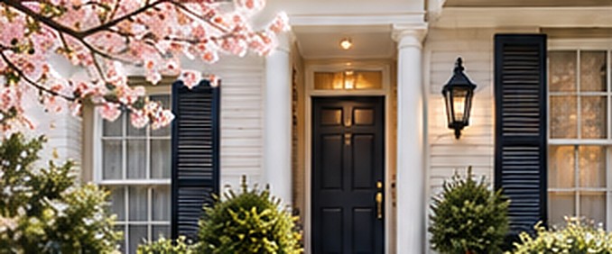 Classic brick home entrance with cherry blossoms