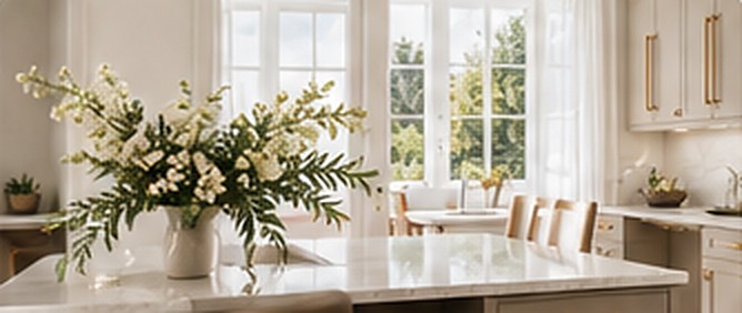 Bright white kitchen with fresh flowers